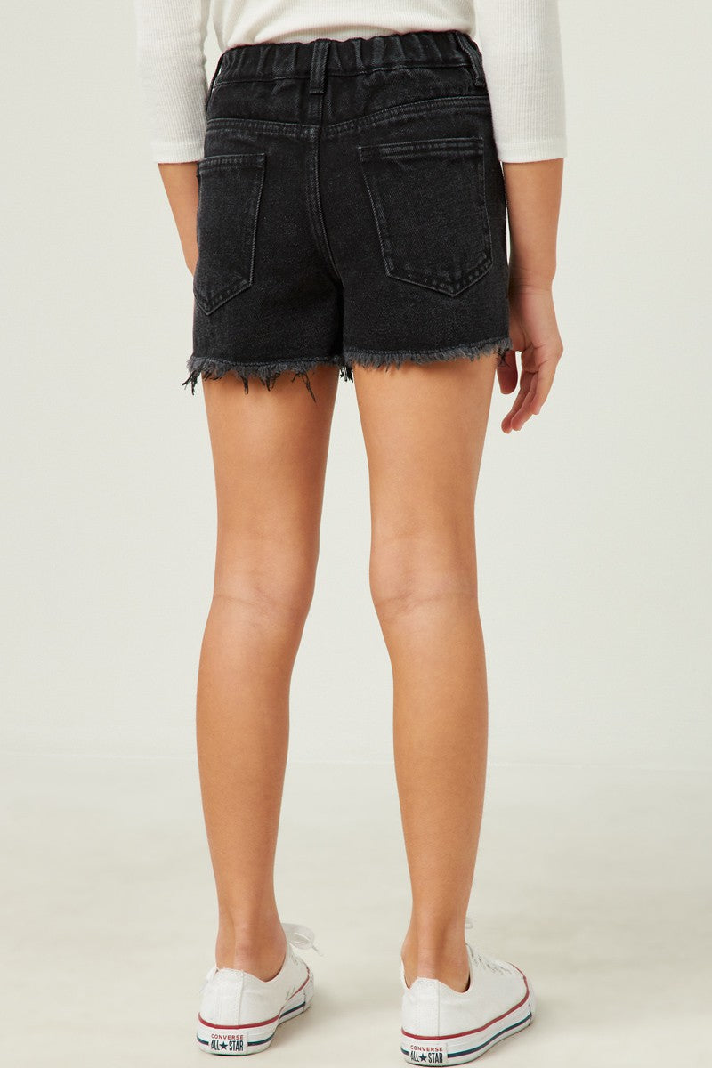 Youth- Floral Embroidered Frayed Denim Shorts