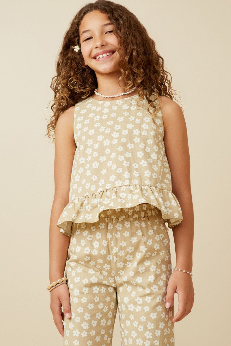 Youth- Floral Button Back Ruffled Hem Tank