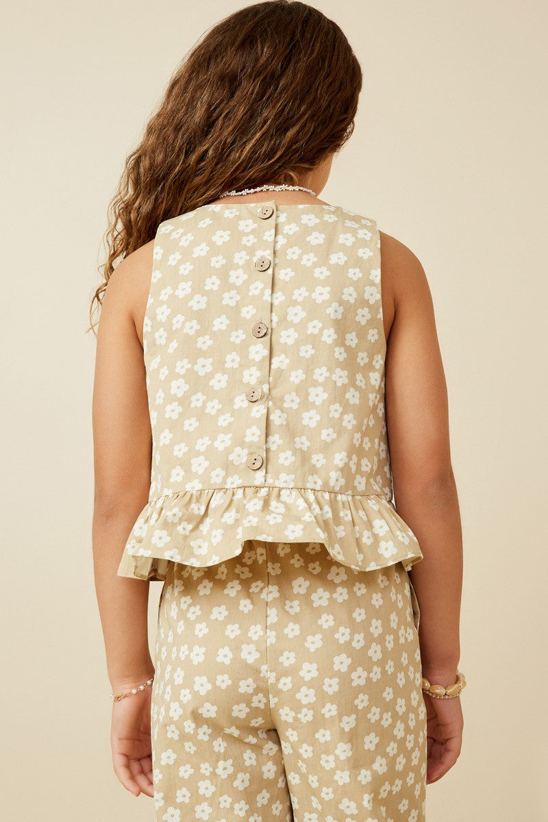 Youth- Floral Button Back Ruffled Hem Tank
