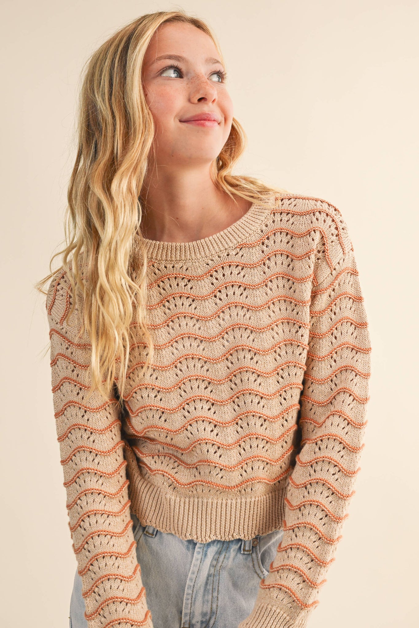 TWEEN GIRLS KIDS CREW NECK WAVY POINTELLE L/S SWEATER