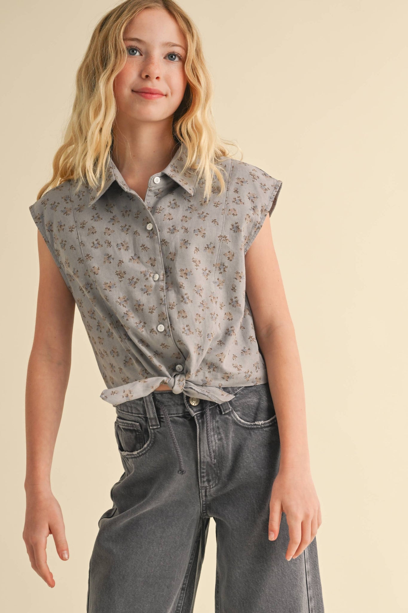 TWEEN GIRLS KIDS S/L BUTTON UP CROPPED SHIRT
