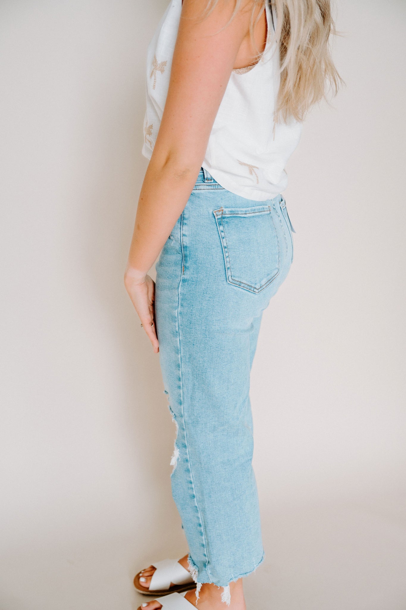 Medium Wash Destress Cropped Denim