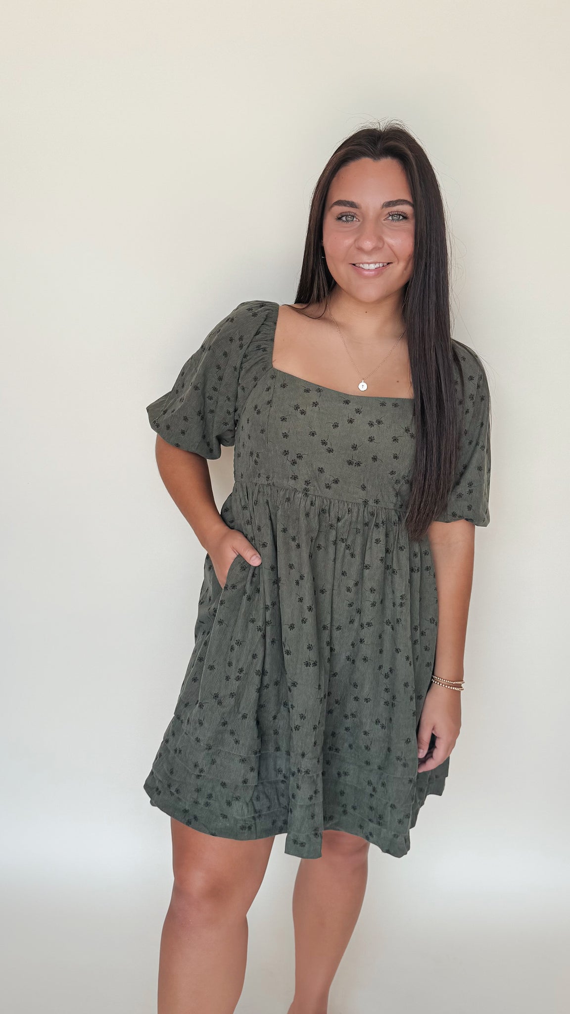 Floral Corduroy Puff Sleeve Babydoll Mini Dress
