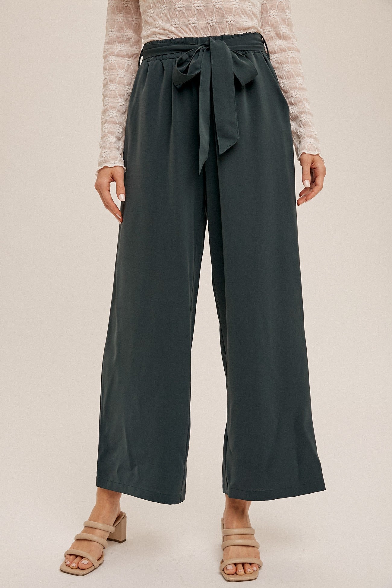 Tie Waist Crepe Wide Leg Trousers