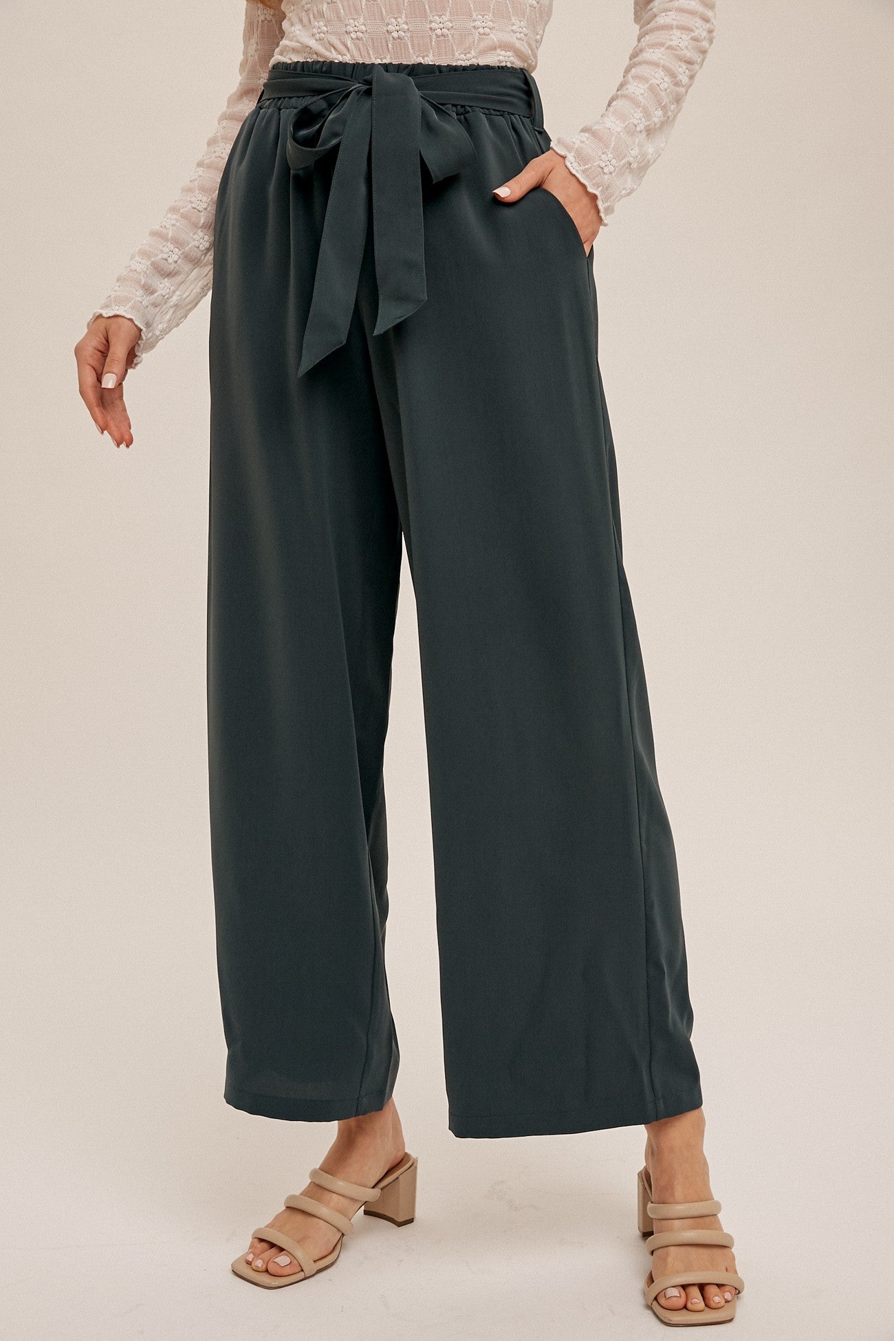 Tie Waist Crepe Wide Leg Trousers