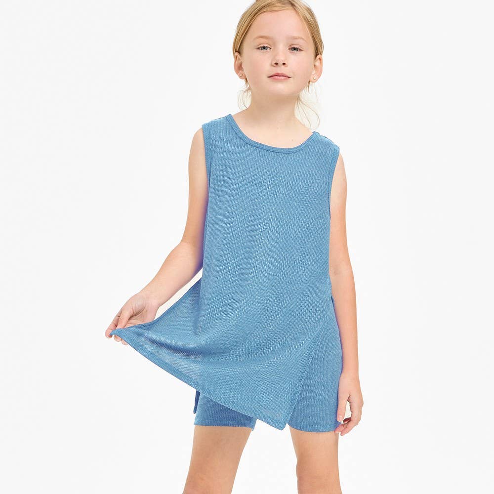 Waffle Knit Sleeveless Top and Biker Shorts Set: Hunter Green