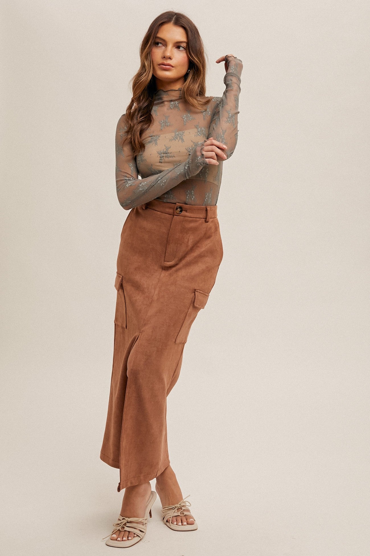 Suede Utility Midi Skirt