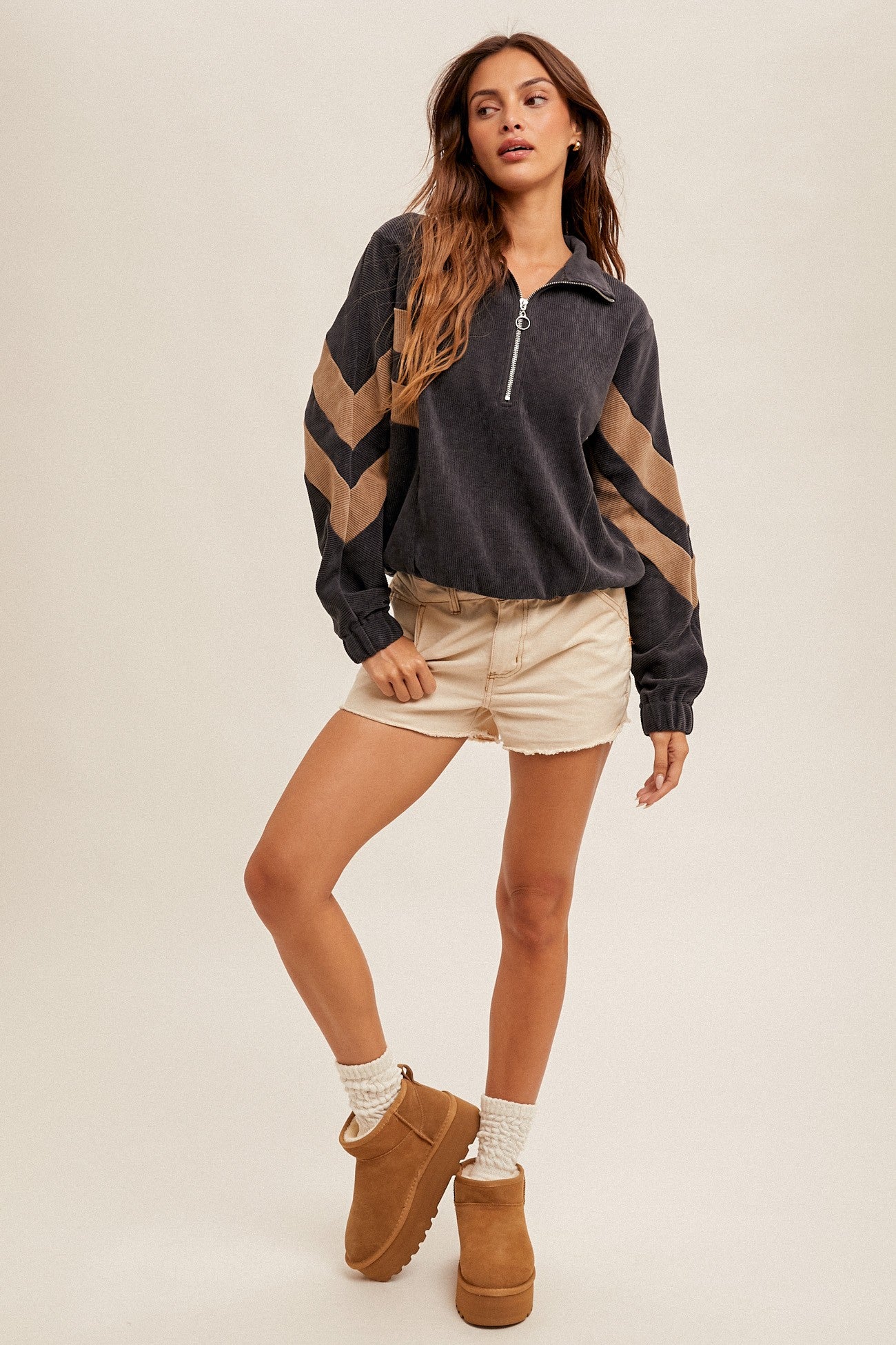 CORDUROY COLOR BLOCK HALF ZIP UP OVERSIZED TOP