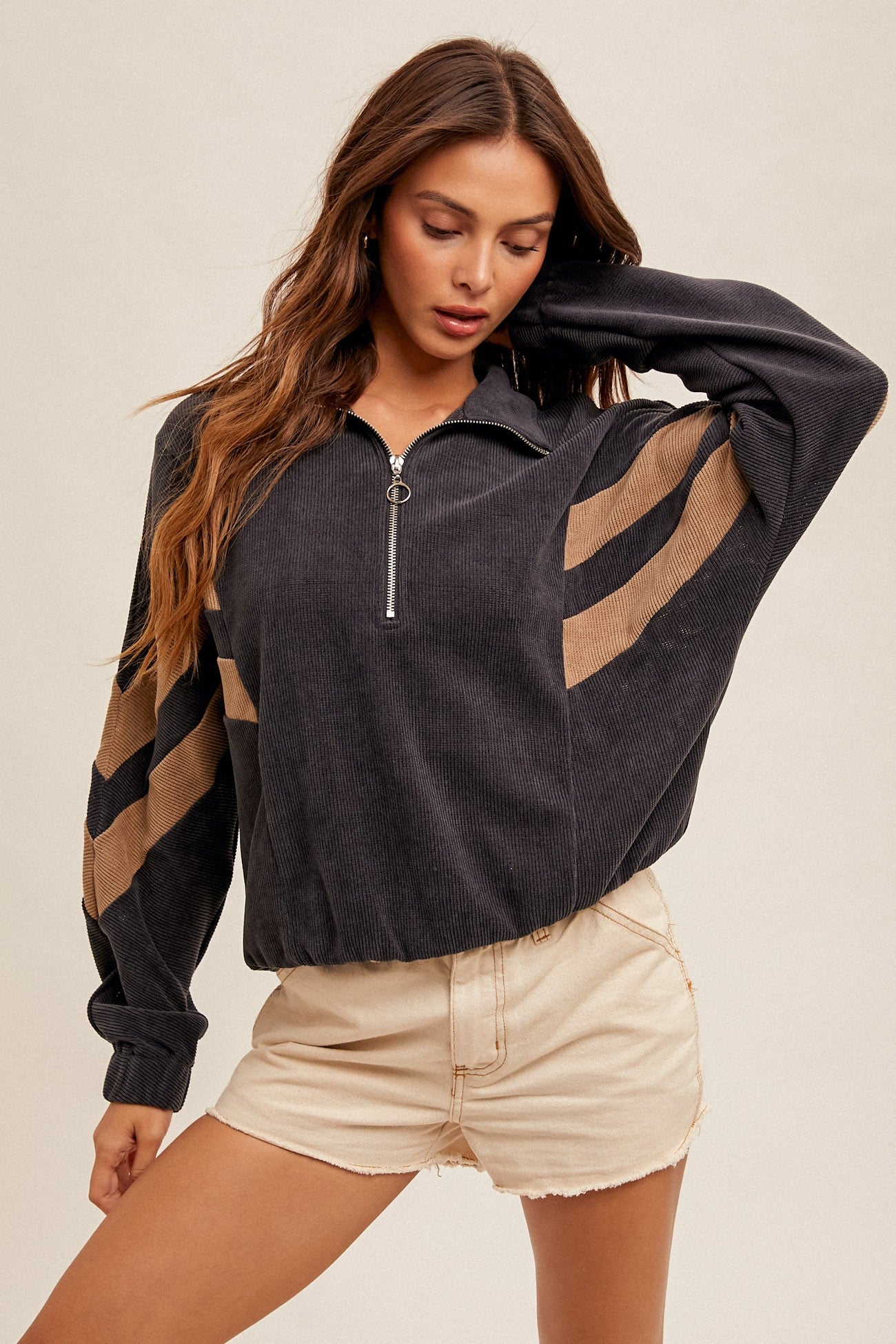 CORDUROY COLOR BLOCK HALF ZIP UP OVERSIZED TOP