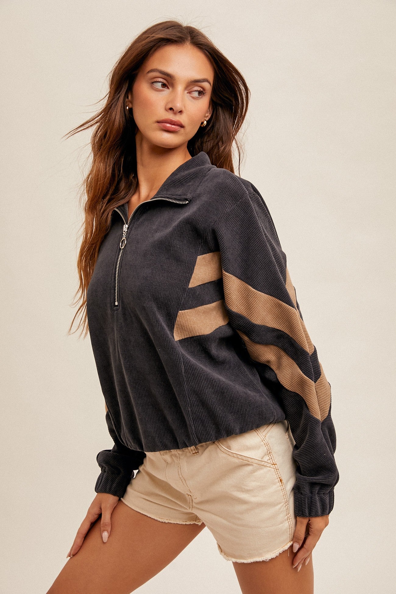 CORDUROY COLOR BLOCK HALF ZIP UP OVERSIZED TOP