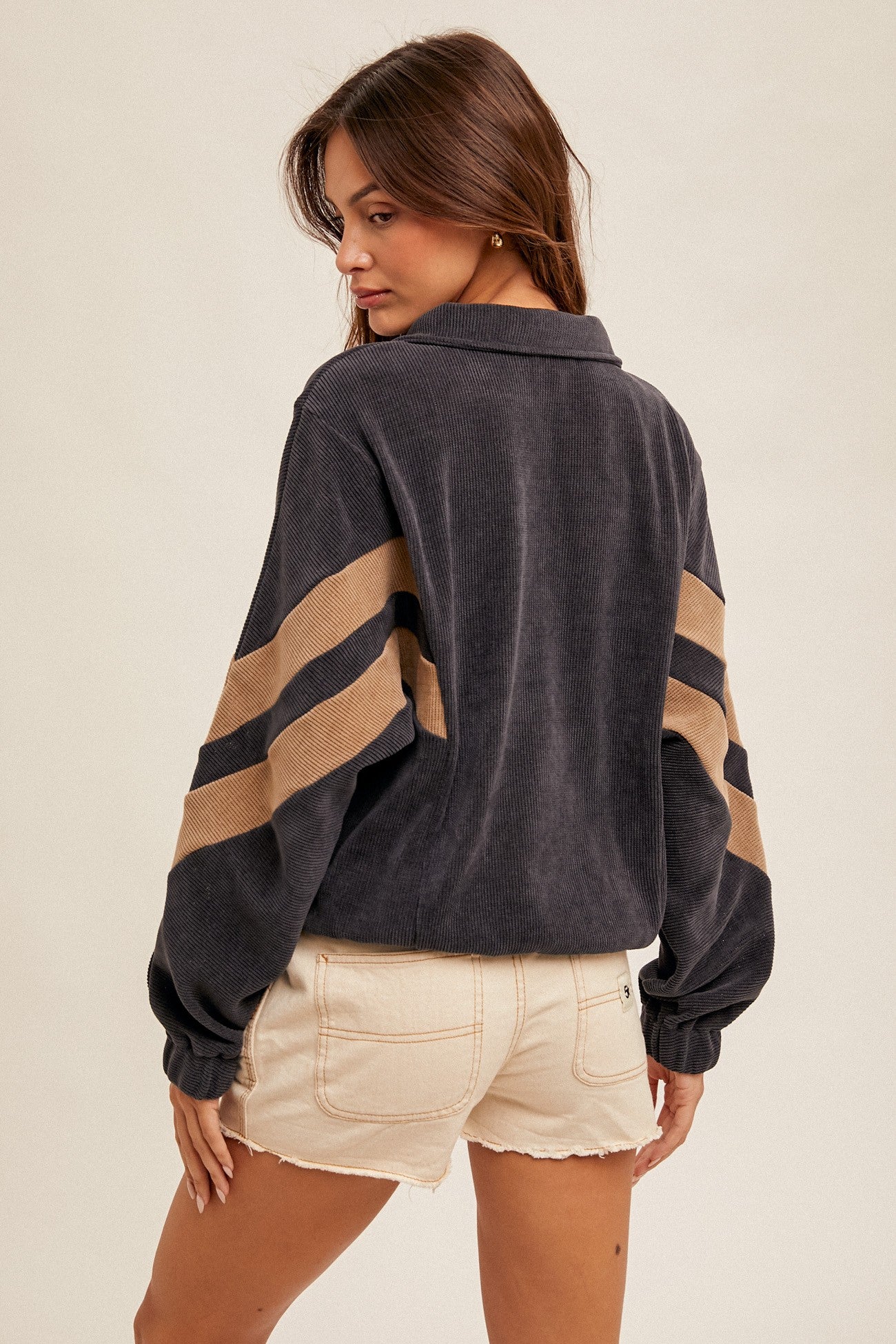 CORDUROY COLOR BLOCK HALF ZIP UP OVERSIZED TOP