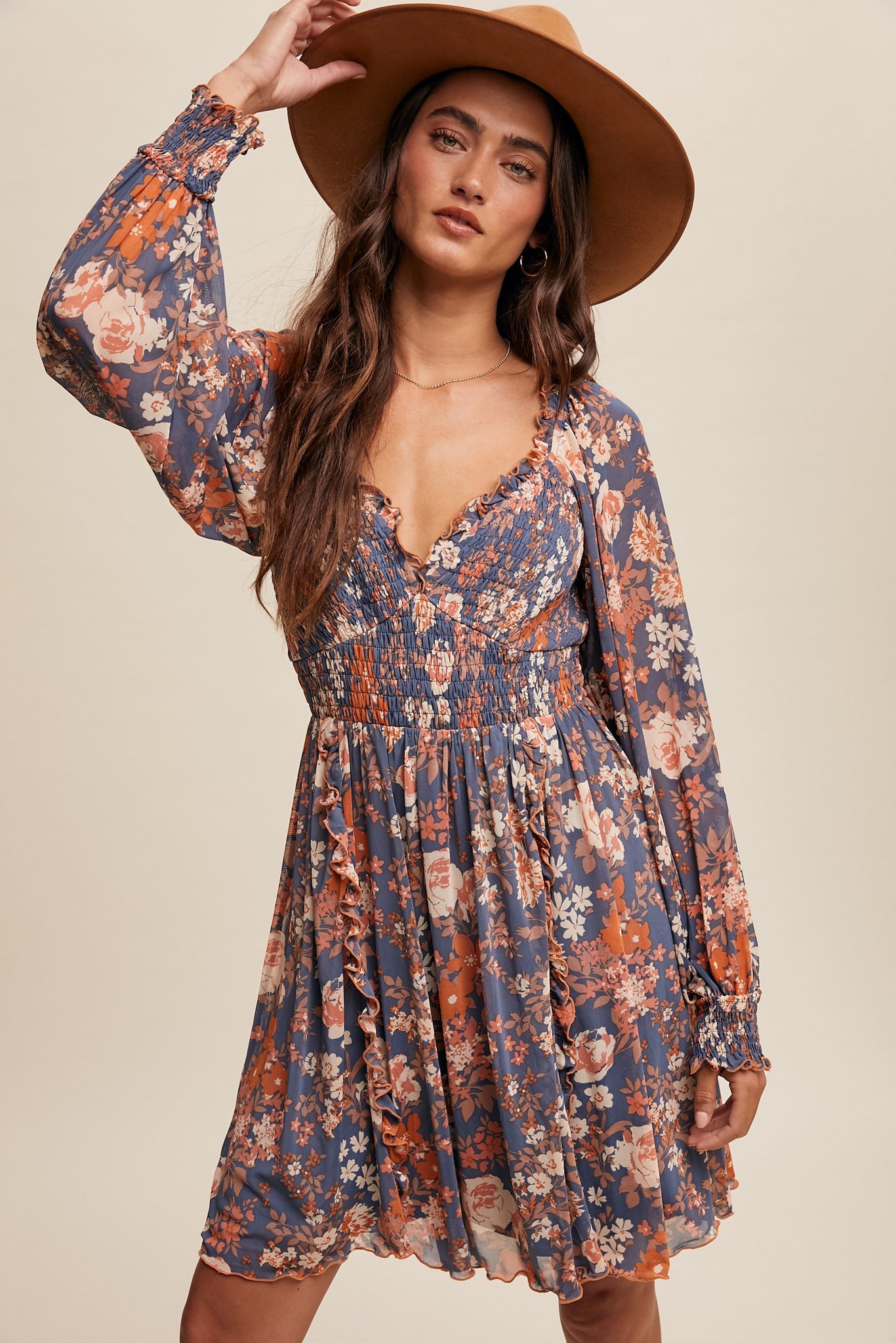 Floral Print Mesh Smocked Long Sleeve