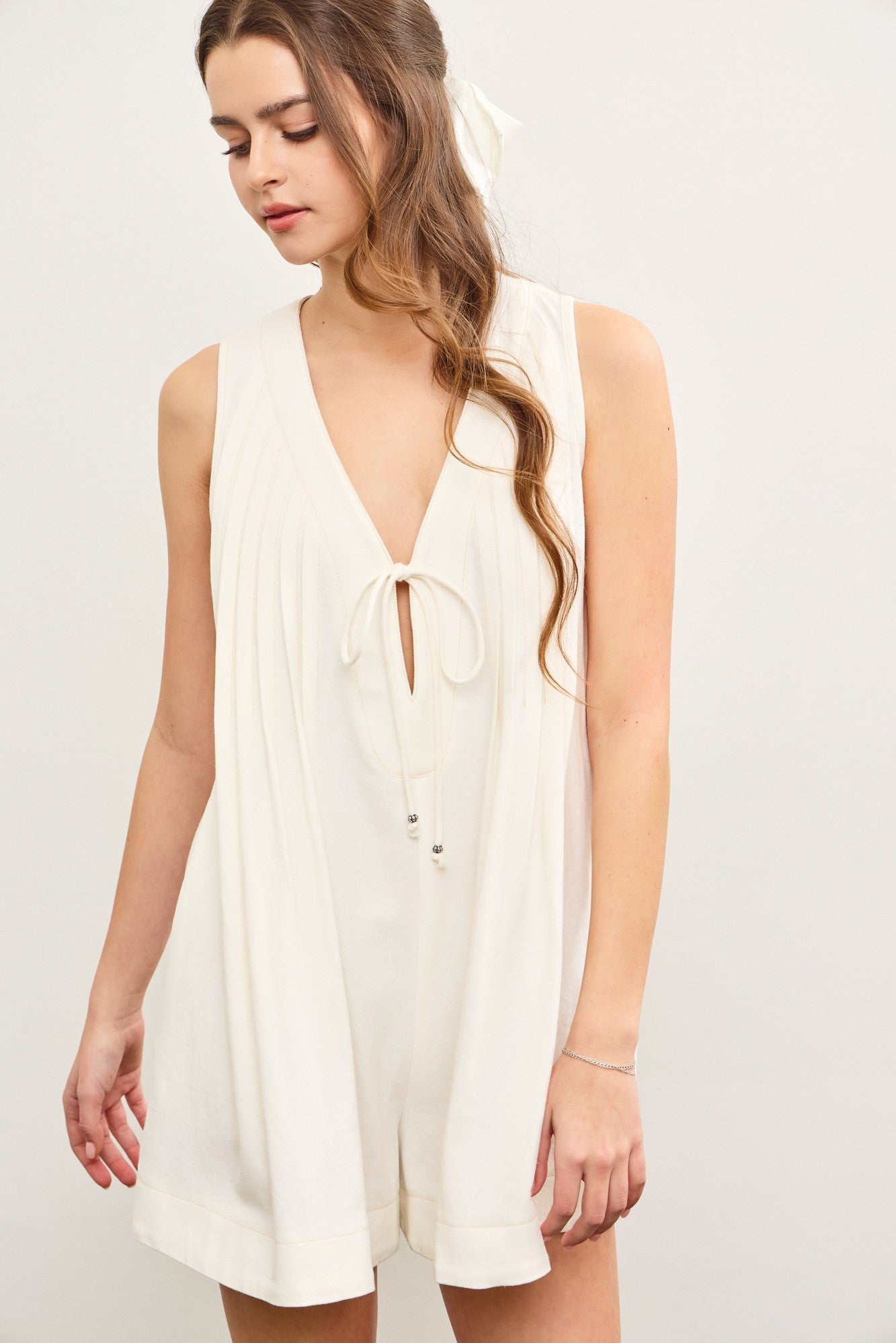 Pleated Tie Front Romper