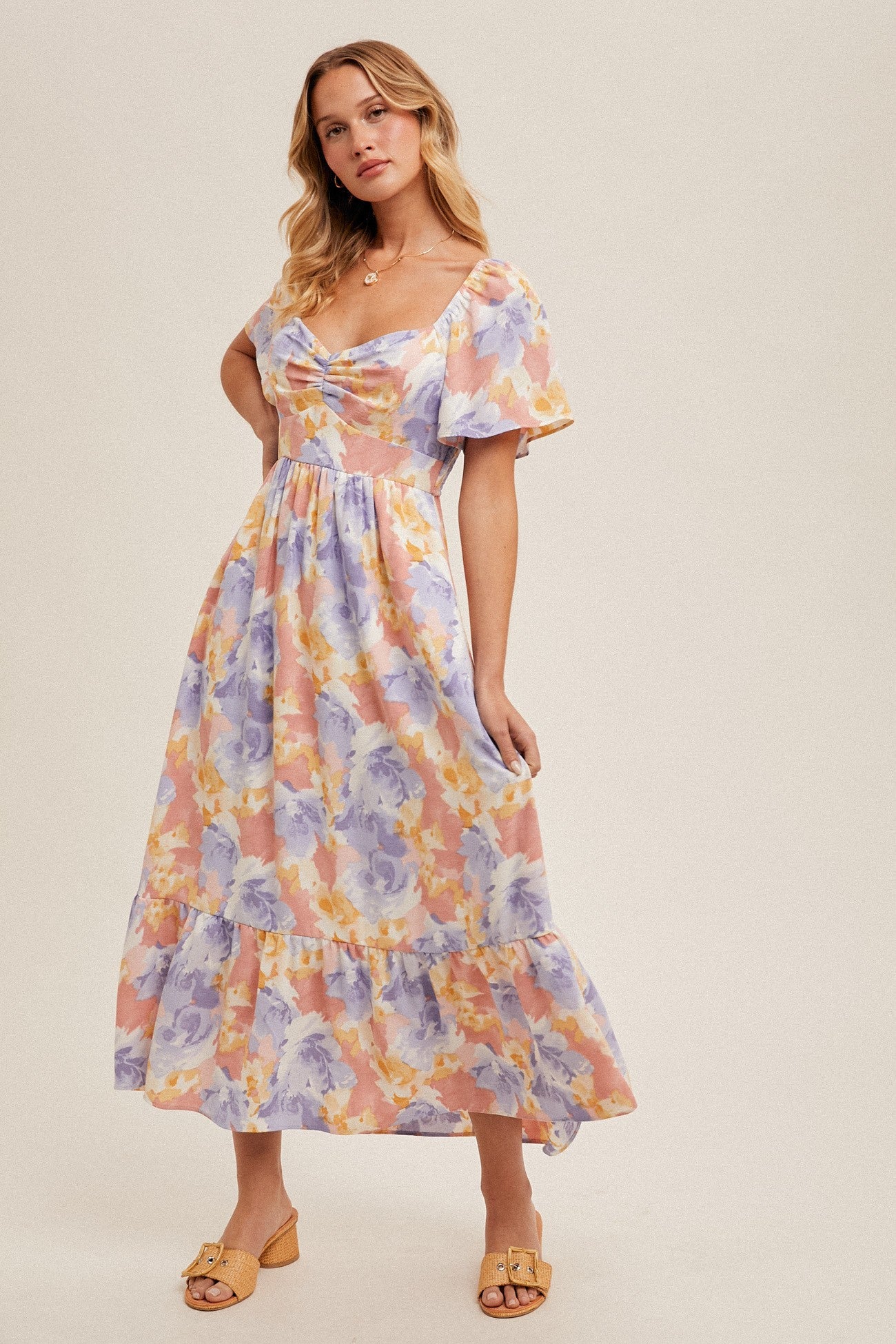 Floral Ruched Front Flare Sleeve Tiered Long Dress