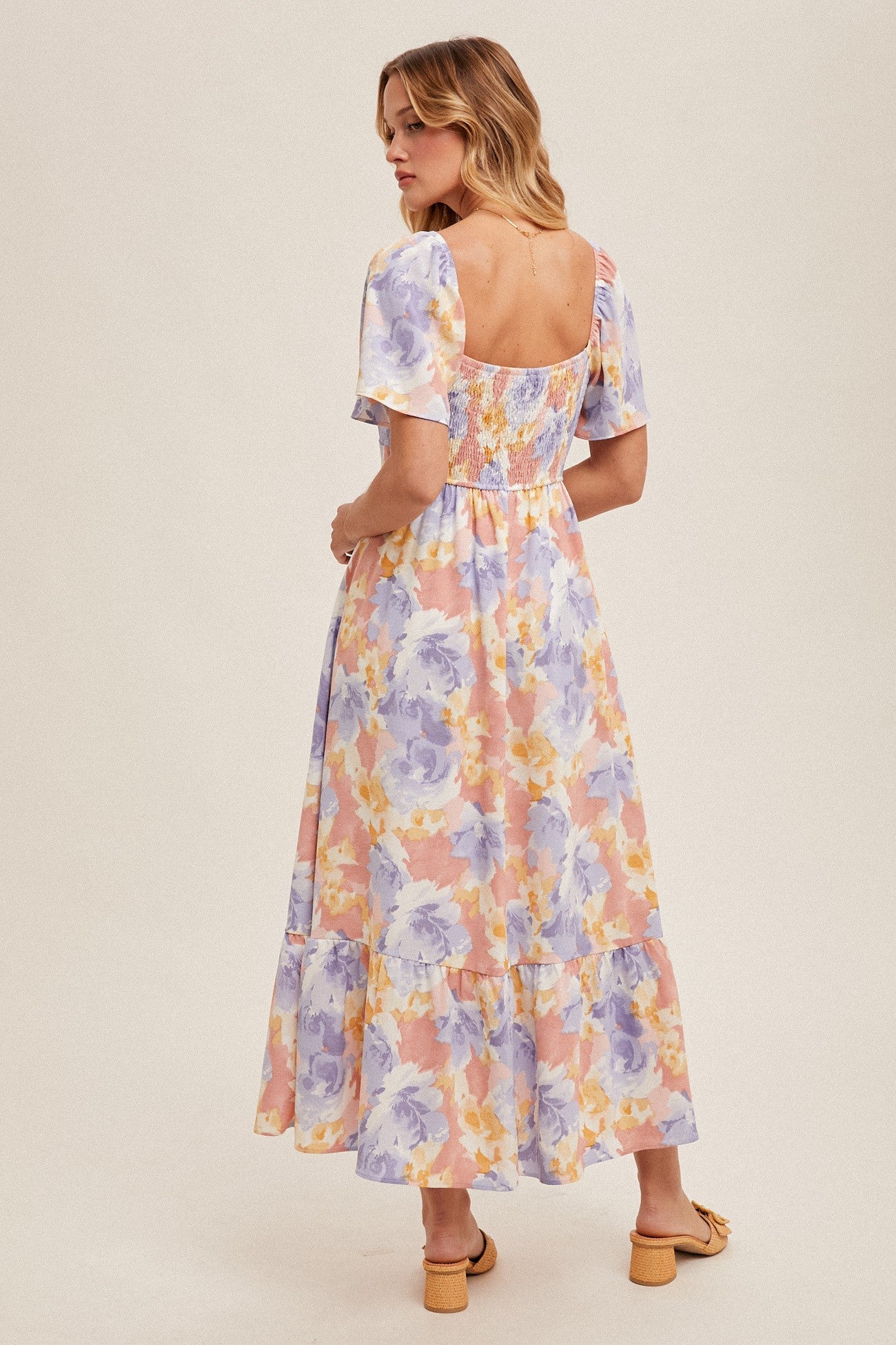 Floral Ruched Front Flare Sleeve Tiered Long Dress