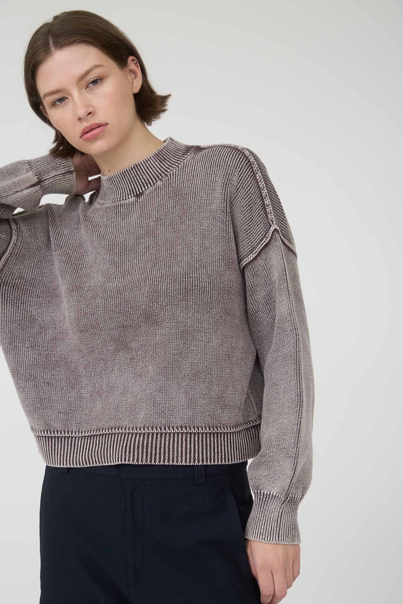 Washed Mock Neck Long Sleeve Knit Pullover Sweater