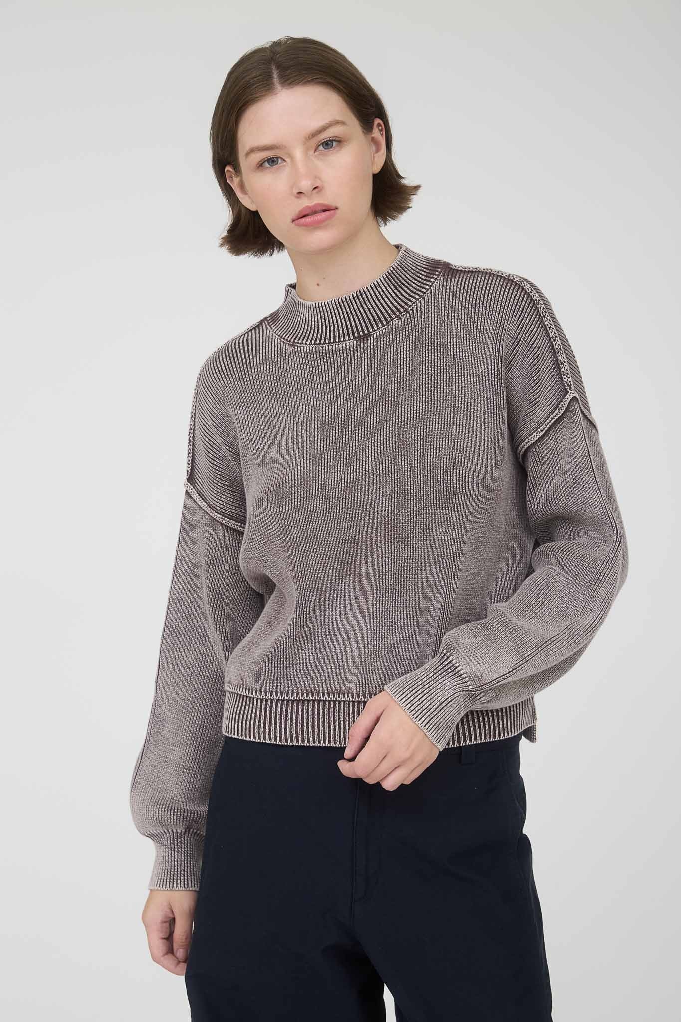 Washed Mock Neck Long Sleeve Knit Pullover Sweater