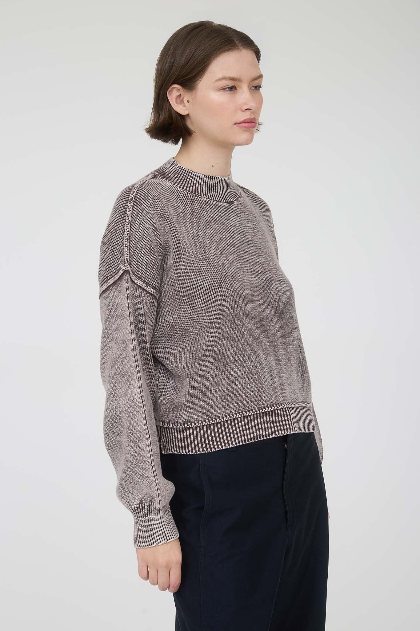 Washed Mock Neck Long Sleeve Knit Pullover Sweater
