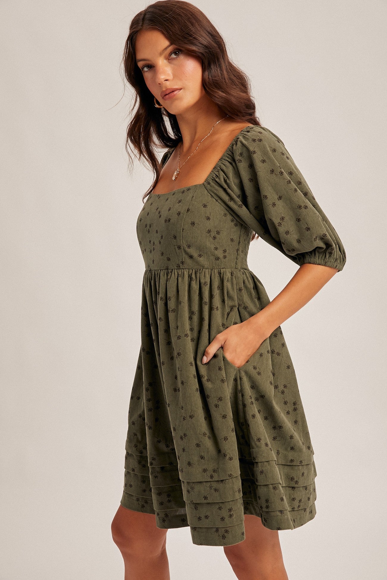 Floral Corduroy Puff Sleeve Babydoll Mini Dress