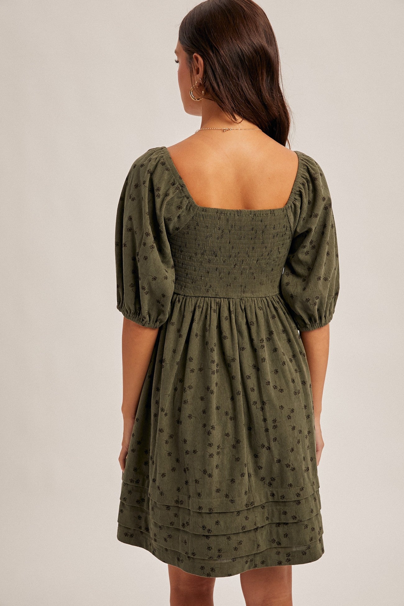 Floral Corduroy Puff Sleeve Babydoll Mini Dress