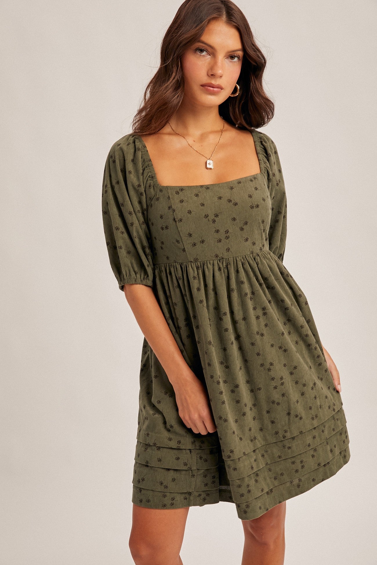 Floral Corduroy Puff Sleeve Babydoll Mini Dress