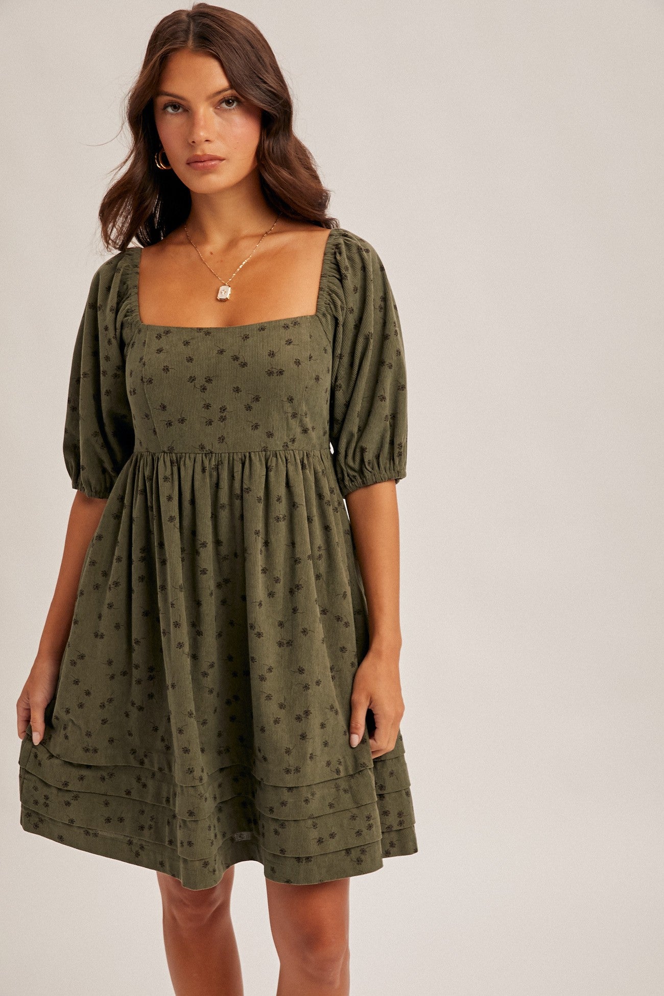 Floral Corduroy Puff Sleeve Babydoll Mini Dress