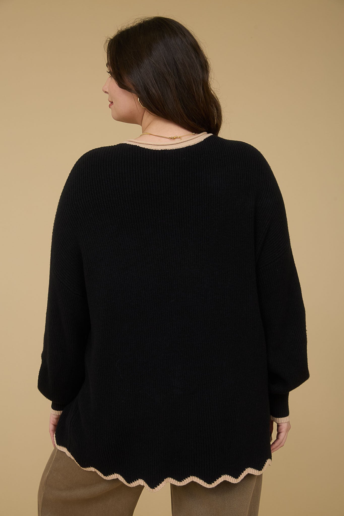 Plus Contrast Scallop Trim Knit Pullover Sweater