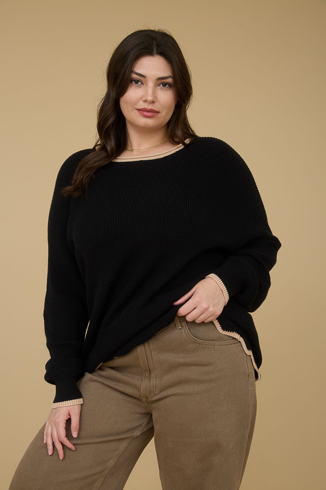 Plus Contrast Scallop Trim Knit Pullover Sweater