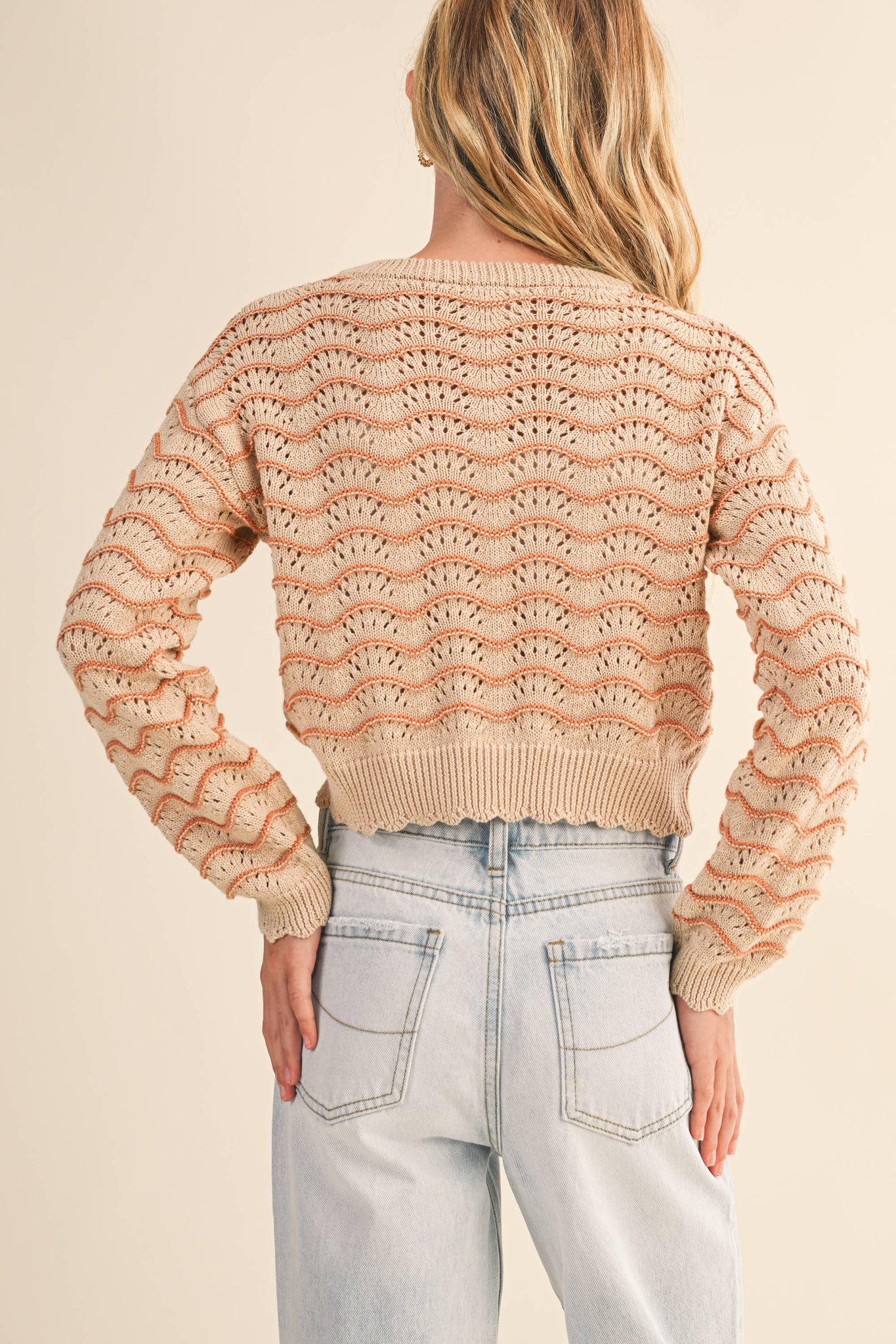TWEEN GIRLS KIDS CREW NECK WAVY POINTELLE L/S SWEATER