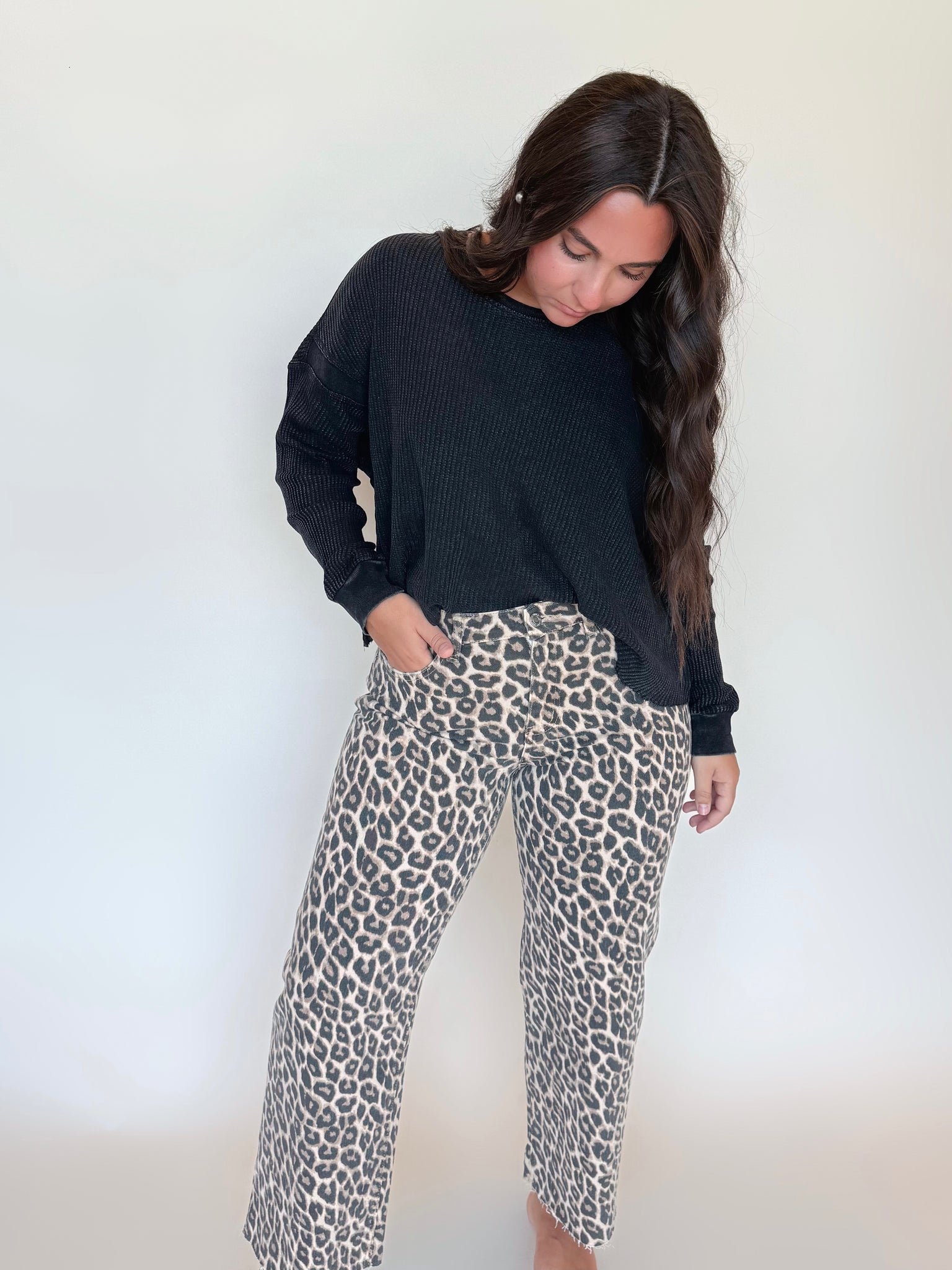 High Rise Animal Print Crop Wide Leg Jeans