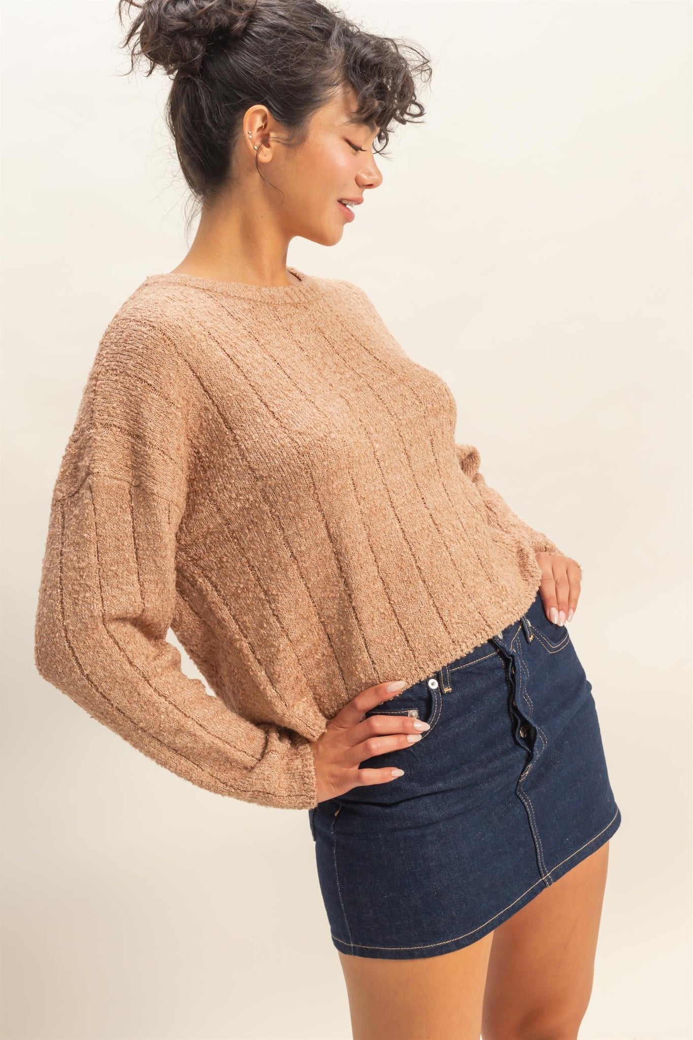 Ribbed Texture Crew Neck Sweater