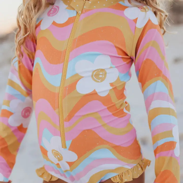 Kids Retro Flower Wave Zip Rash Guard One Piece Swimsuit SHIPS MID APRIL!