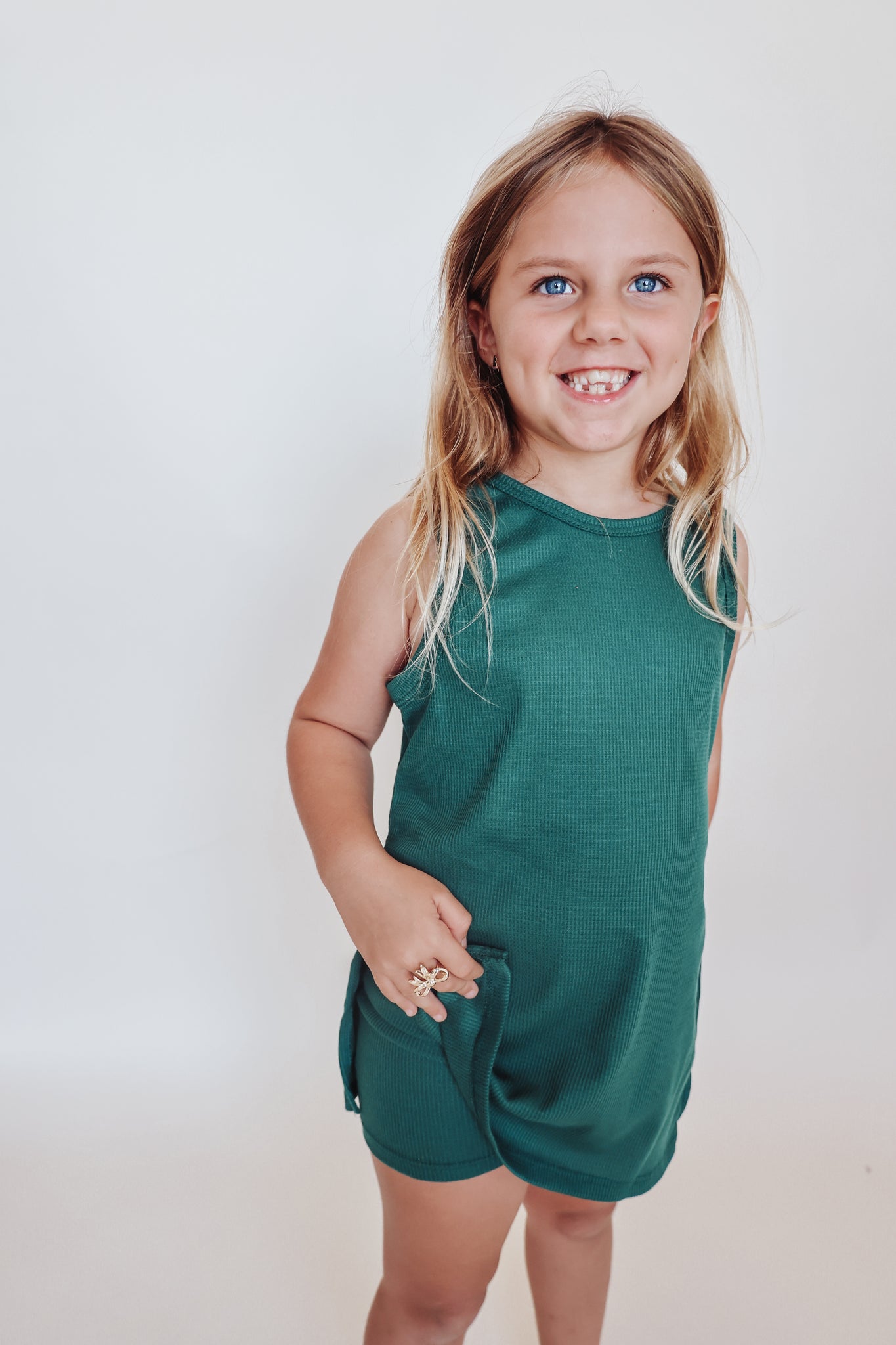 Waffle Knit Sleeveless Top and Biker Shorts Set: Hunter Green