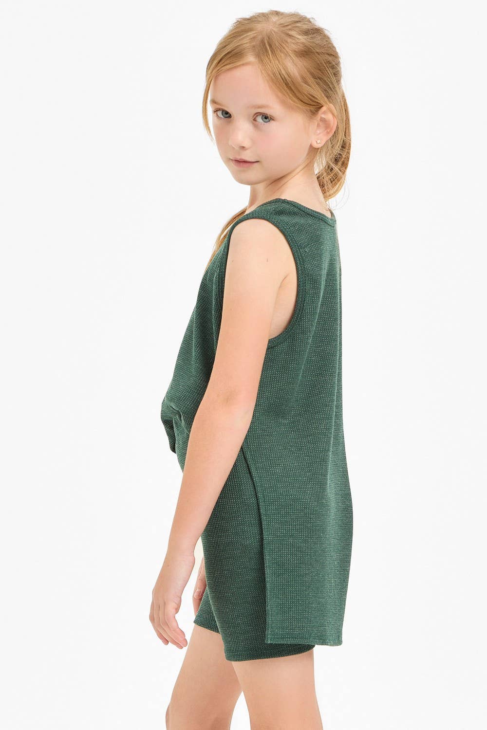 Waffle Knit Sleeveless Top and Biker Shorts Set: Hunter Green