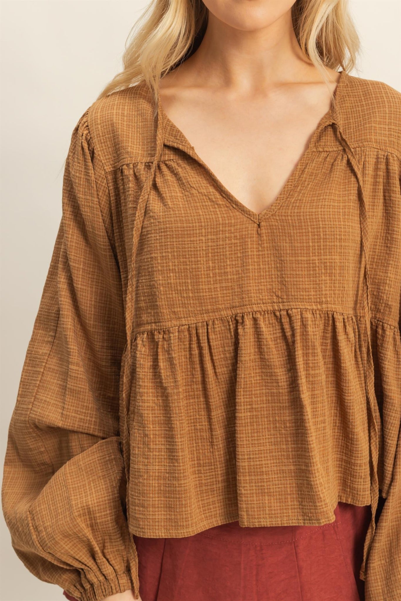Textured Peasant Blouse With Tie Detailing