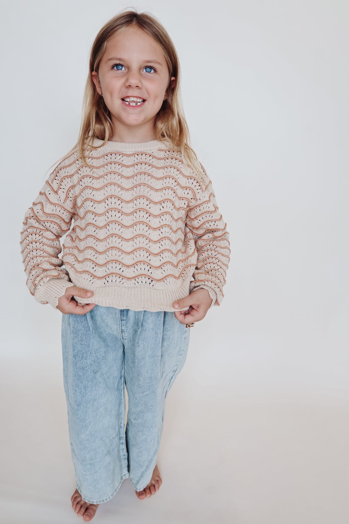 TWEEN GIRLS KIDS CREW NECK WAVY POINTELLE L/S SWEATER