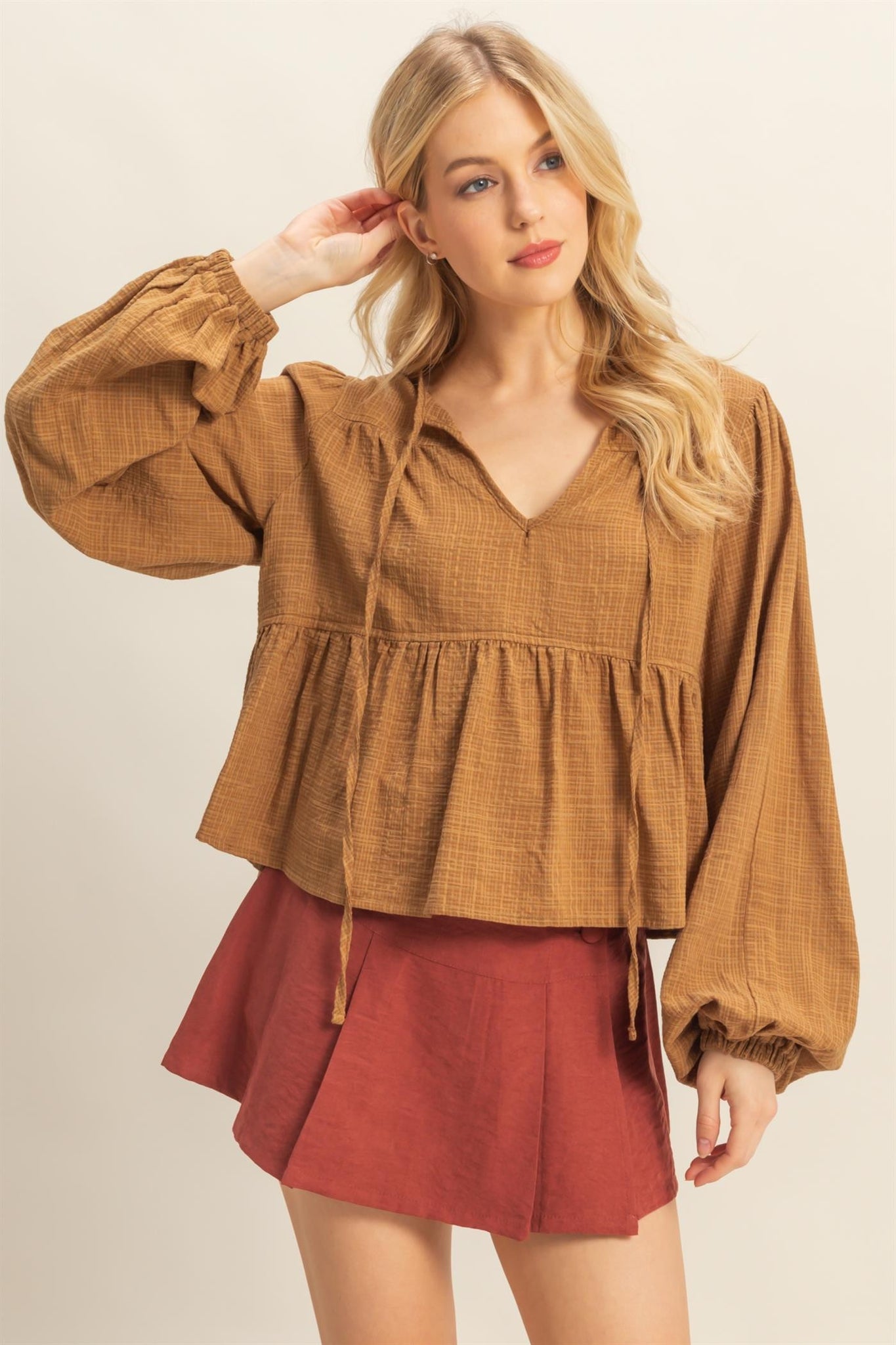 Textured Peasant Blouse With Tie Detailing