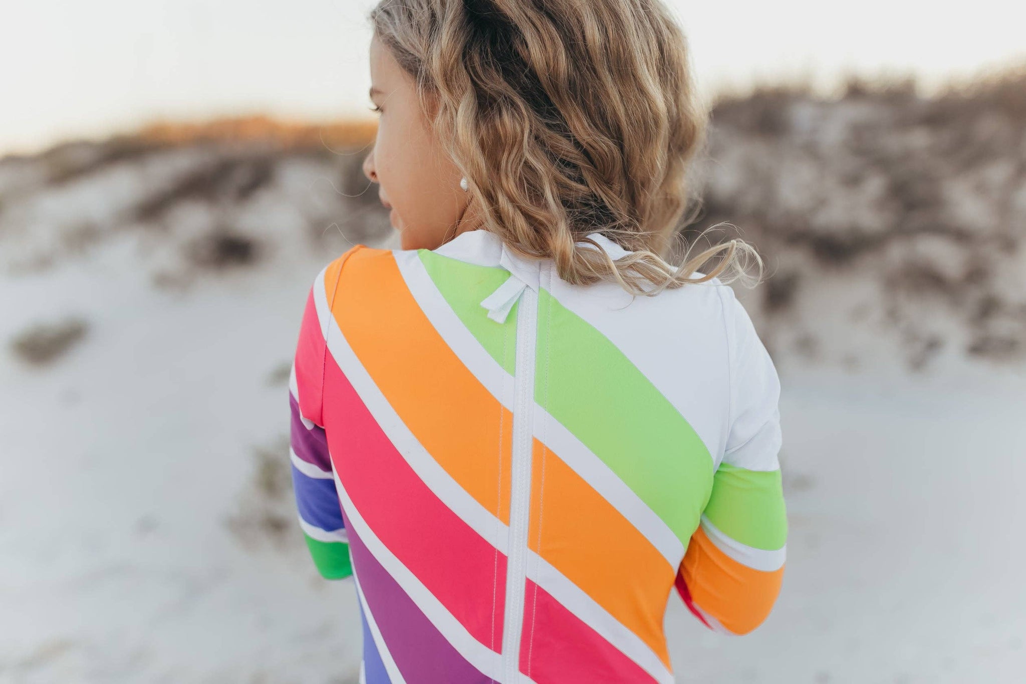 Kids Bright Neon Stripe Zip Rash Guard One Piece Swimsuit