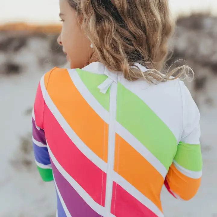 Kids Bright Neon Stripe Zip Rash Guard One Piece Swimsuit