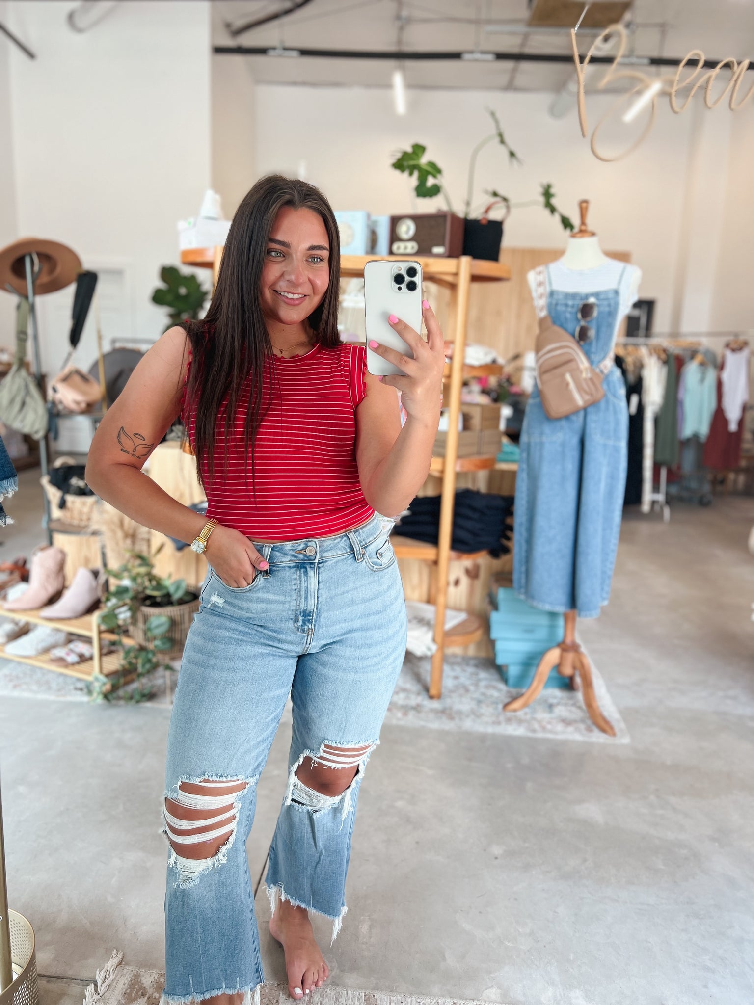 Medium Wash Destress Cropped Denim