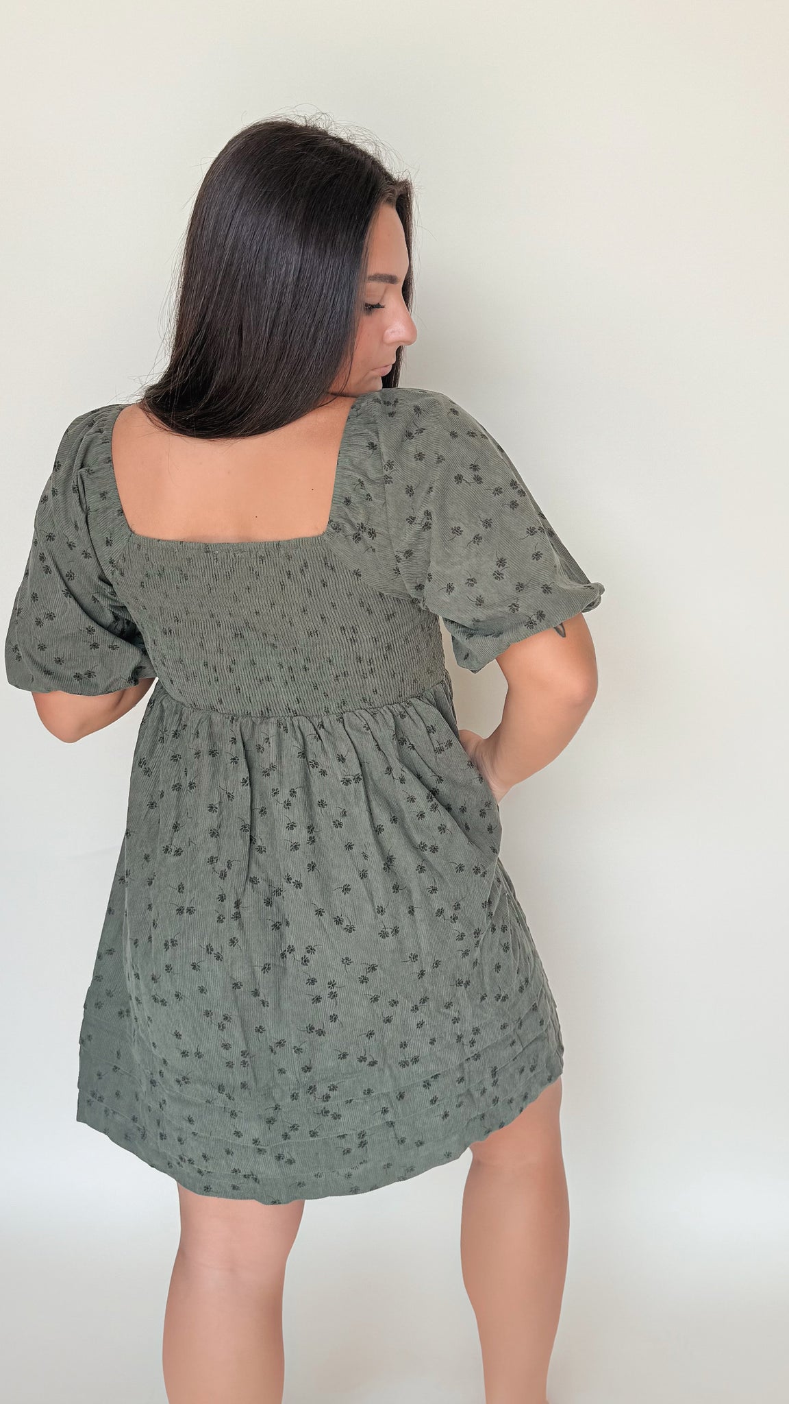 Floral Corduroy Puff Sleeve Babydoll Mini Dress