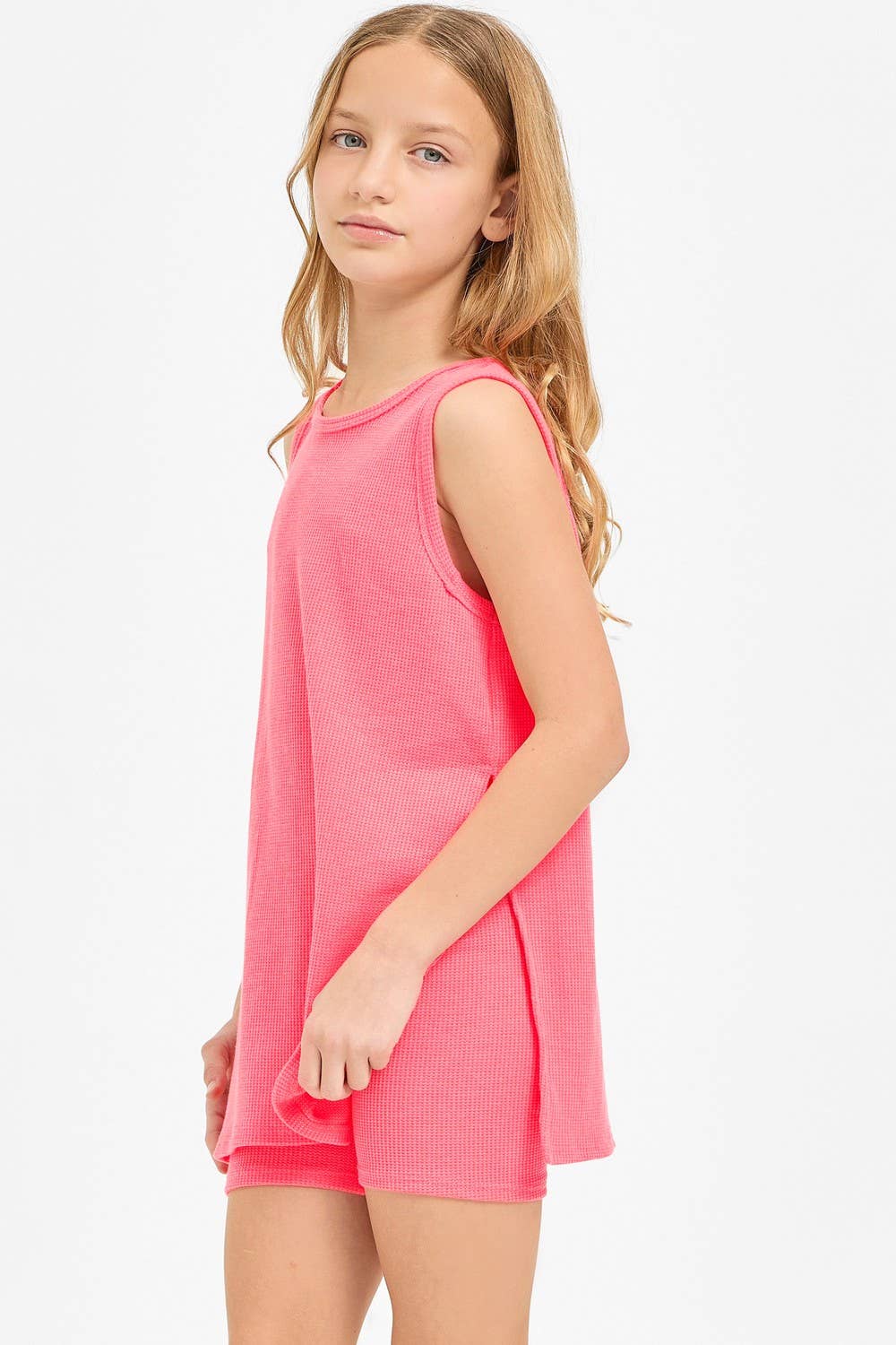 Waffle Knit Sleeveless Top and Biker Shorts Set: Hunter Green