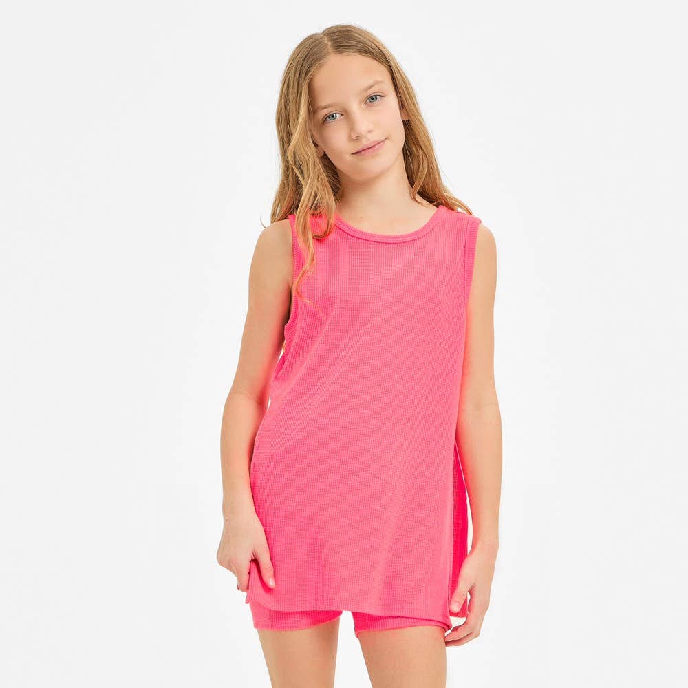 Waffle Knit Sleeveless Top and Biker Shorts Set: Hunter Green