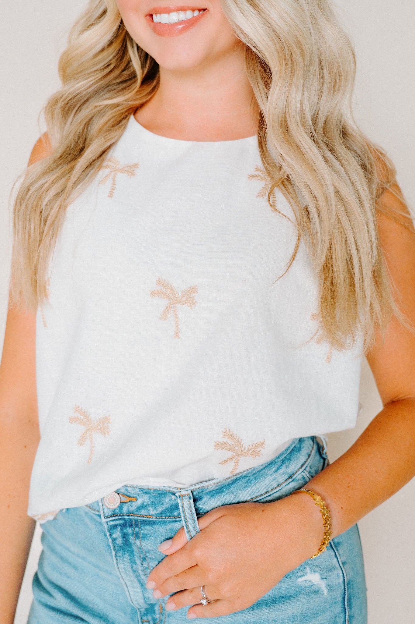 Palm Tree Embroidery Linen Tank Top