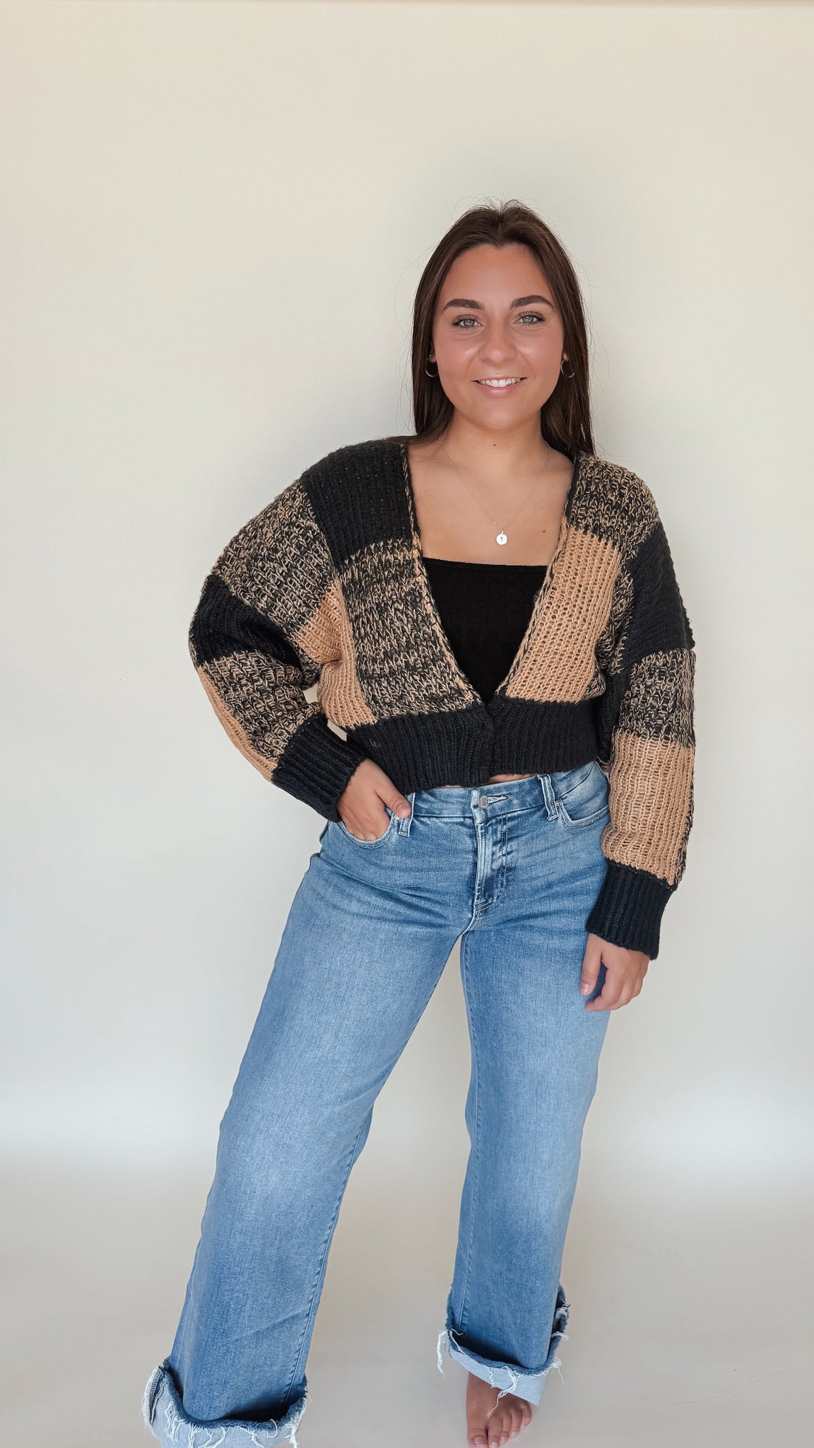 Two-Tone Checkered Sweater Cardigan
