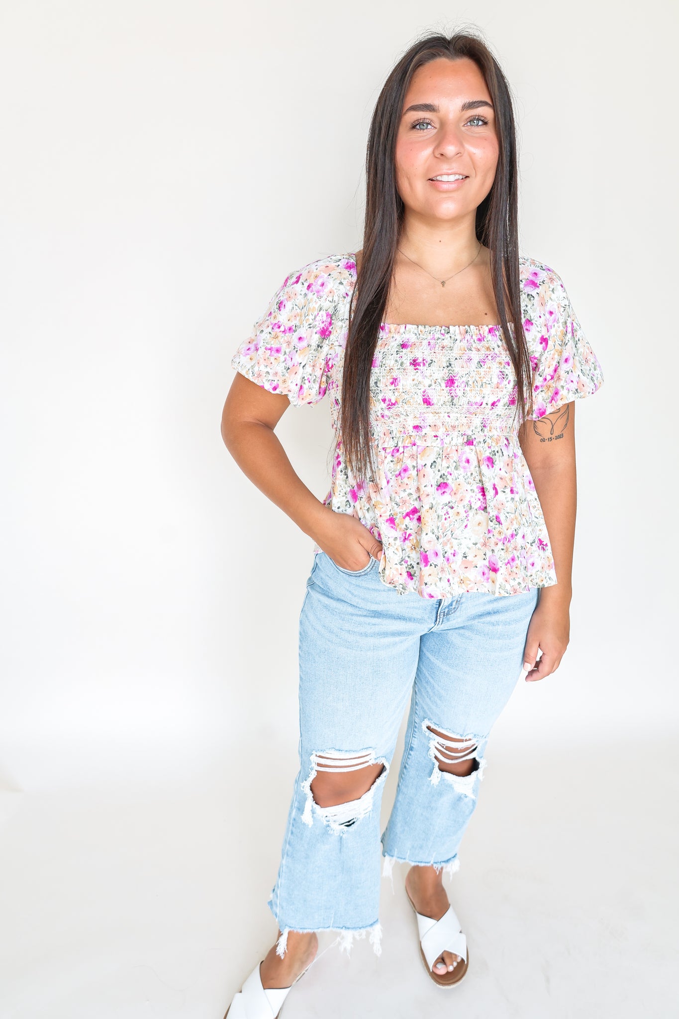 Floral Bubble Sleeve Peplum