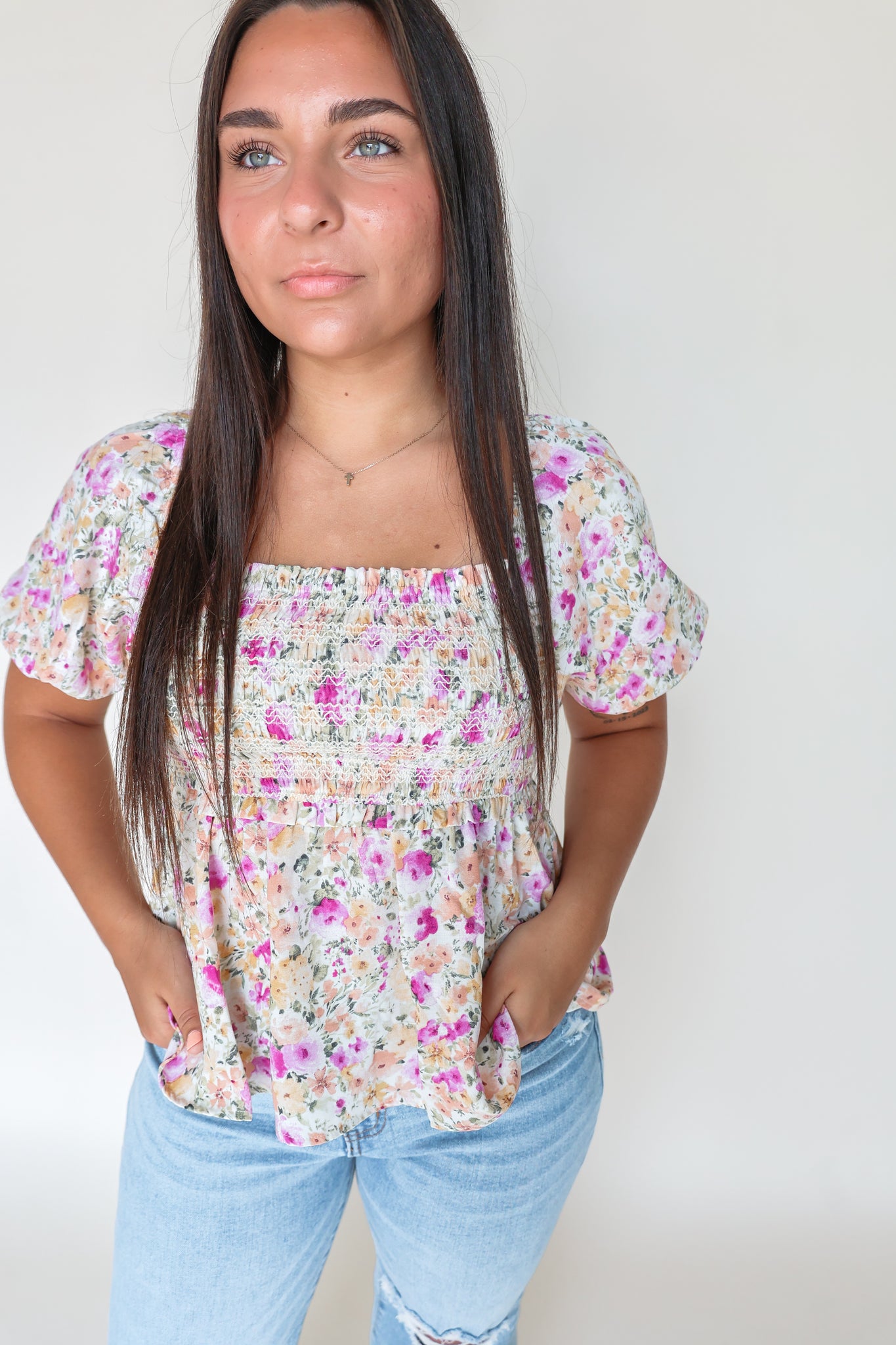 Floral Bubble Sleeve Peplum