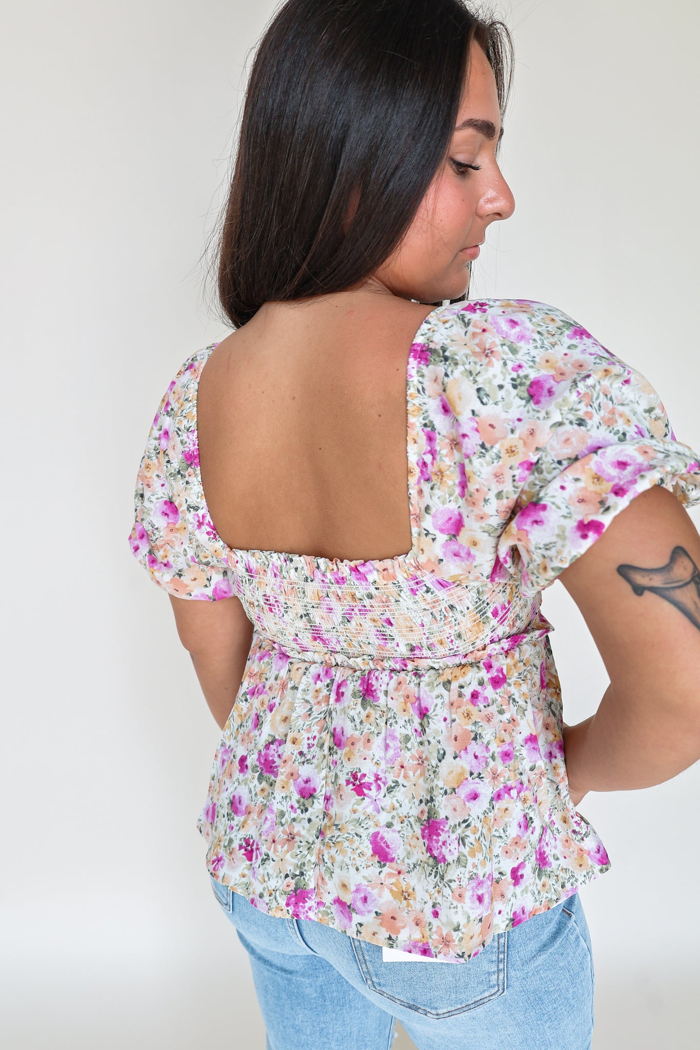 Floral Bubble Sleeve Peplum