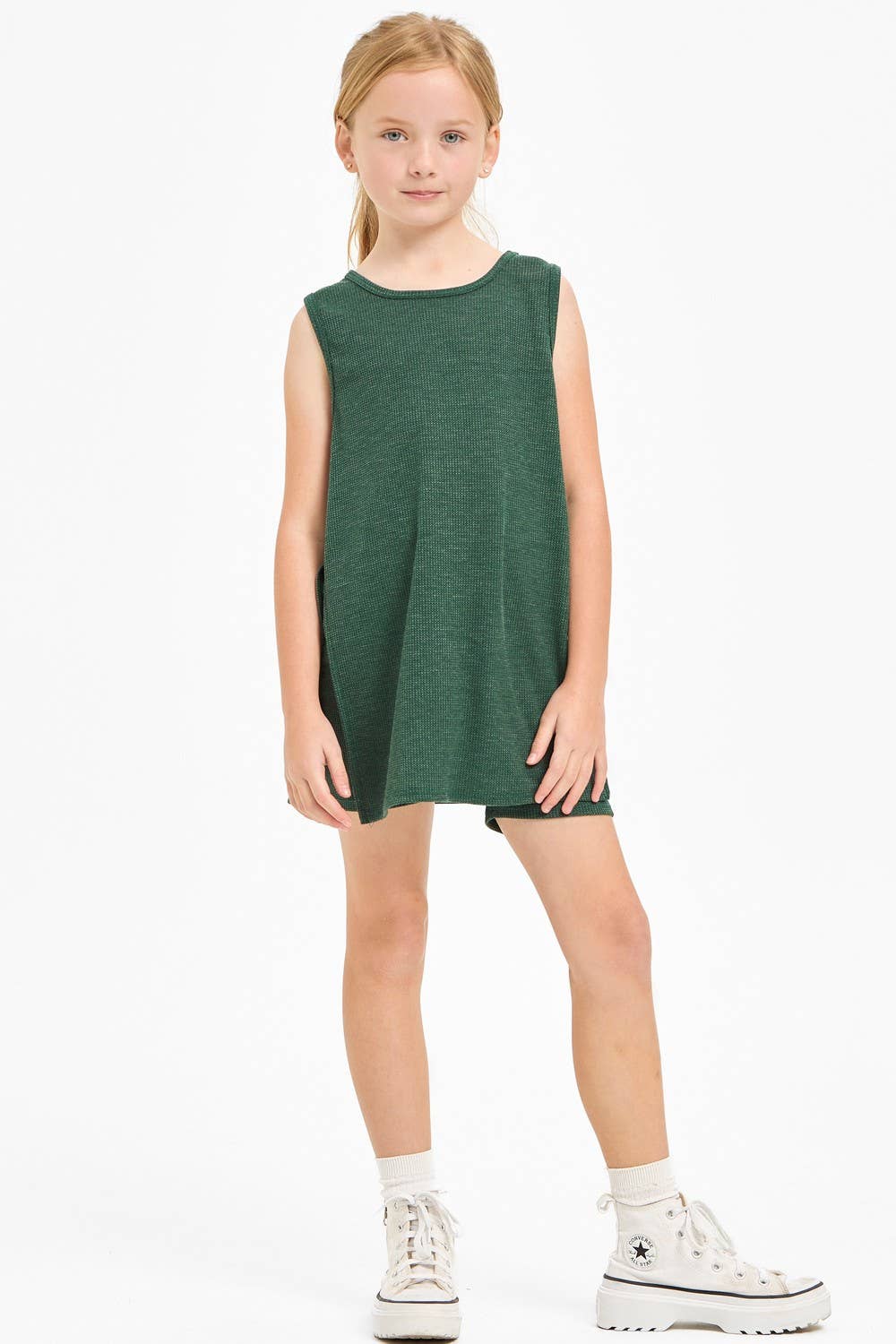 Waffle Knit Sleeveless Top and Biker Shorts Set: Hunter Green