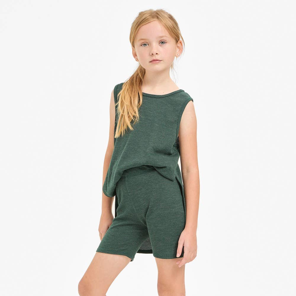 Waffle Knit Sleeveless Top and Biker Shorts Set: Hunter Green